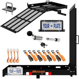 imageMockins 48x285x4 Heavy Duty Trailer Hitch Cargo Carrier with Ramp for Wheelchair  500 Lbs Capacity Steel Folding Cargo Hitch Carrier amp Scooter Ramp wLicense Plate Bracket Stabilizer amp MoreLarge  48x285x4