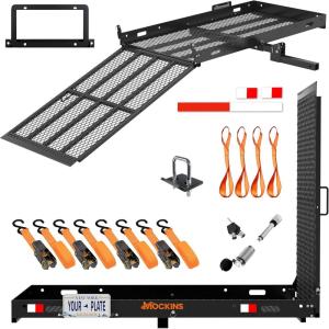 imageMockins 48x285x4 Heavy Duty Trailer Hitch Cargo Carrier with Ramp for Wheelchair  500 Lbs Capacity Steel Folding Cargo Hitch Carrier amp Scooter Ramp wLicense Plate Bracket Stabilizer amp MoreX Large  60x30x5