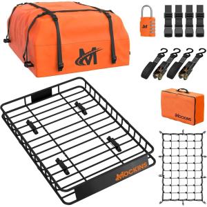 imageMockins 50x36x45 Extendable Rooftop Cargo Carrier amp 18 CuFt Orange Waterproof Roof Cargo Bag  250 Lbs Capacity Weatherproof SUV amp Car Roof Rack Basket with Car Top Carrier Bag amp Accessories50x36x45  18 CuFt Bag