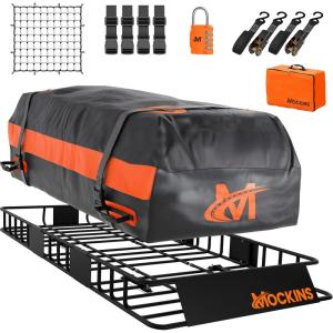 imageMockins 50x36x45 Extendable Rooftop Cargo Carrier amp 18 CuFt Orange Waterproof Roof Cargo Bag  250 Lbs Capacity Weatherproof SUV amp Car Roof Rack Basket with Car Top Carrier Bag amp Accessories64x39x6  20 CuFt Bag