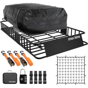 imageMockins 50x36x45 Extendable Rooftop Cargo Carrier amp 18 CuFt Orange Waterproof Roof Cargo Bag  250 Lbs Capacity Weatherproof SUV amp Car Roof Rack Basket with Car Top Carrier Bag amp Accessories64x39x6  16 CuFt Bag