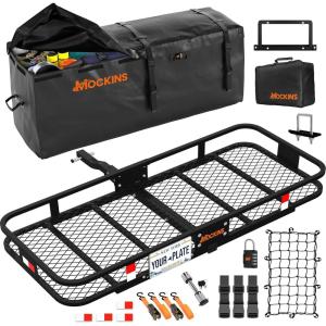 imageMockins 6 Raised Shank Folding Luggage Rack 48x20x6 amp 15 Cu Ft Waterproof Cargo Bag  HeavyDuty 500 Lbs Capacity Trailer Hitch Cargo Carrier for SUV Car Truck ATV amp More wAccessoriesLarge 60 L X 20 W X 6 H  16 Cu Ft Bag
