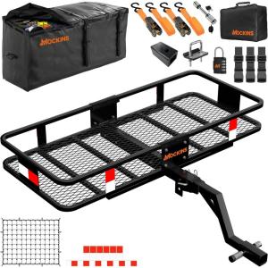 imageMockins 6 Raised Shank Folding Luggage Rack 48x20x6 amp 15 Cu Ft Waterproof Cargo Bag  HeavyDuty 500 Lbs Capacity Trailer Hitch Cargo Carrier for SUV Car Truck ATV amp More wAccessoriesMedium 48L X 20W X 6H
